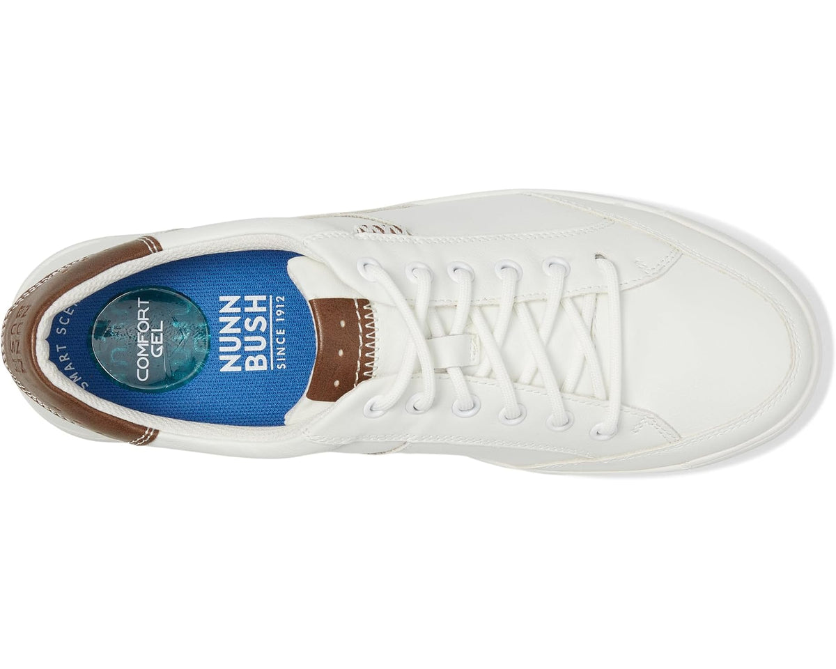 Men's white lace-up sneaker shown from side with woven lining and lace eyelets