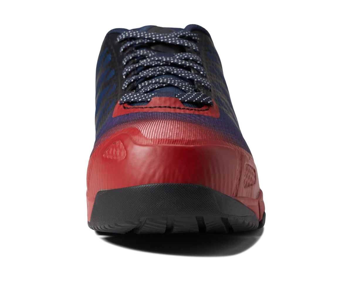Men's Reebok work shoe front with red toe cap, navy laces, and black outsole