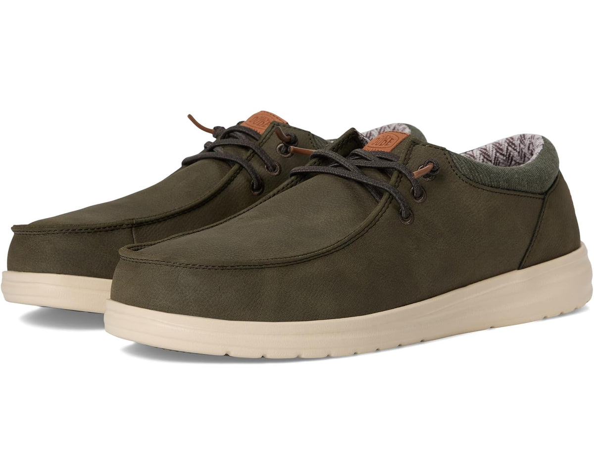 Olive lace-up casual shoes with suede upper and beige rubber sole