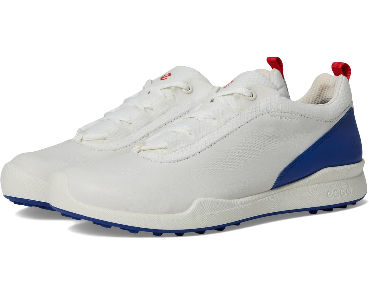 White and blue waterproof men’s golf sneaker with lace-up front and rubber traction sole
