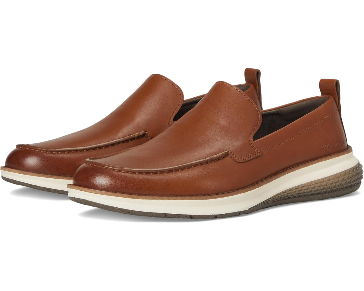 Men's brown leather slip-on loafer with side gore and white cushioned midsole