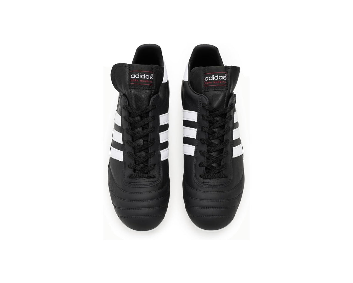 Pair of black adidas soccer cleats with crisscross laces and white side stripes