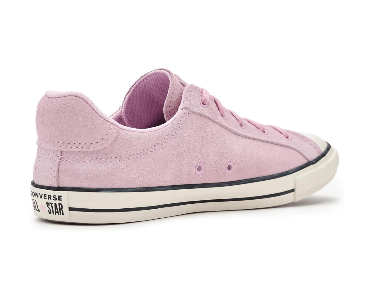 Pink suede low-top sneaker with padded heel collar and Converse All Star tag