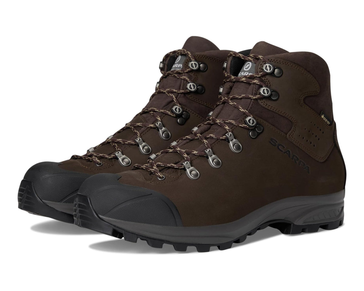 Men's brown Scarpa hiking boots with lace-up eyelets and rugged rubber sole