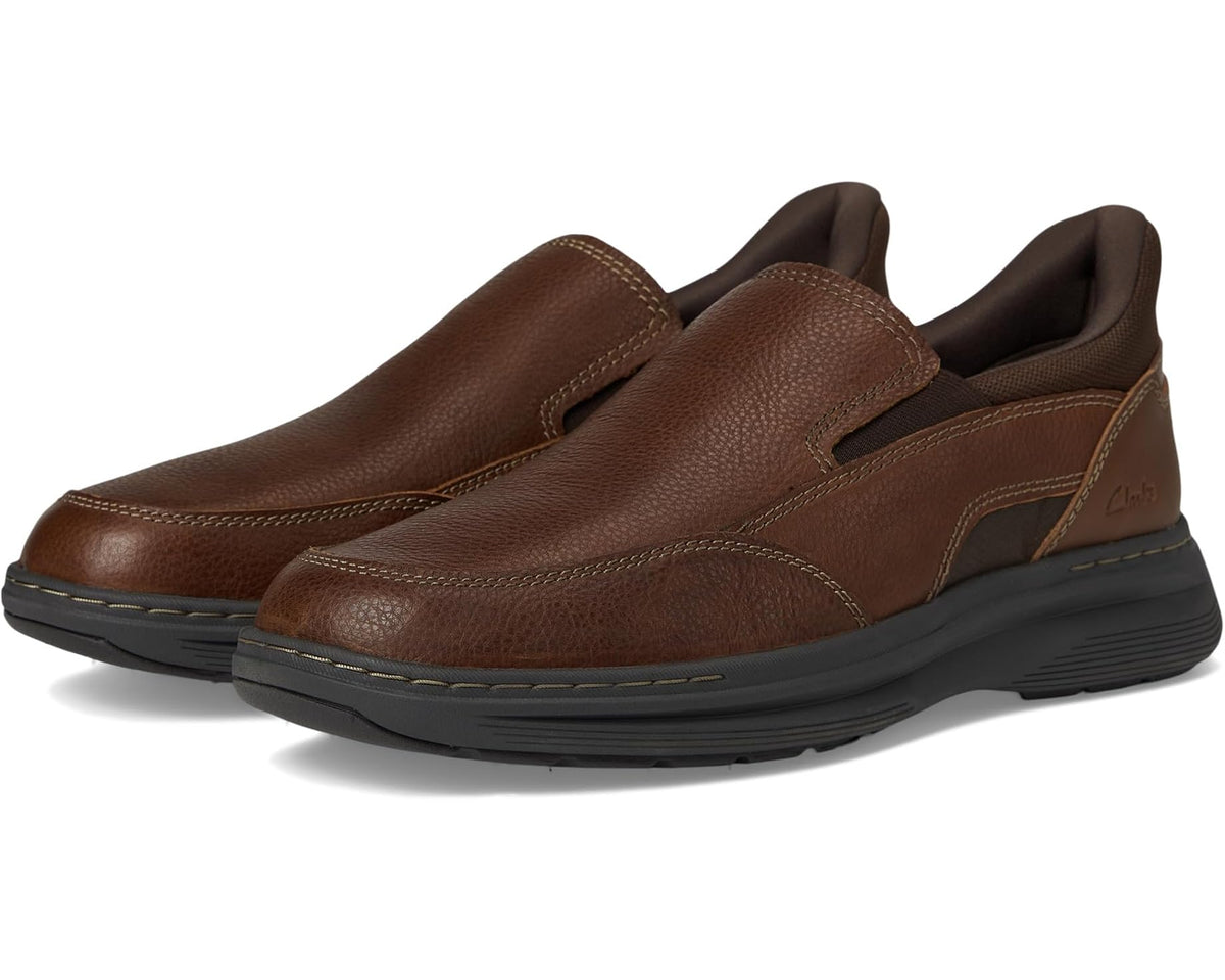 Men's brown leather slip-on casual shoes with cushioned collar and rubber outsole