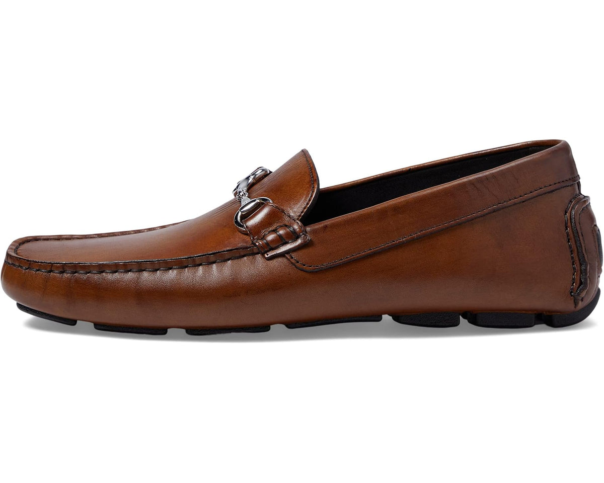 Brown leather bit loafer with metal bit detail and contrast stitching