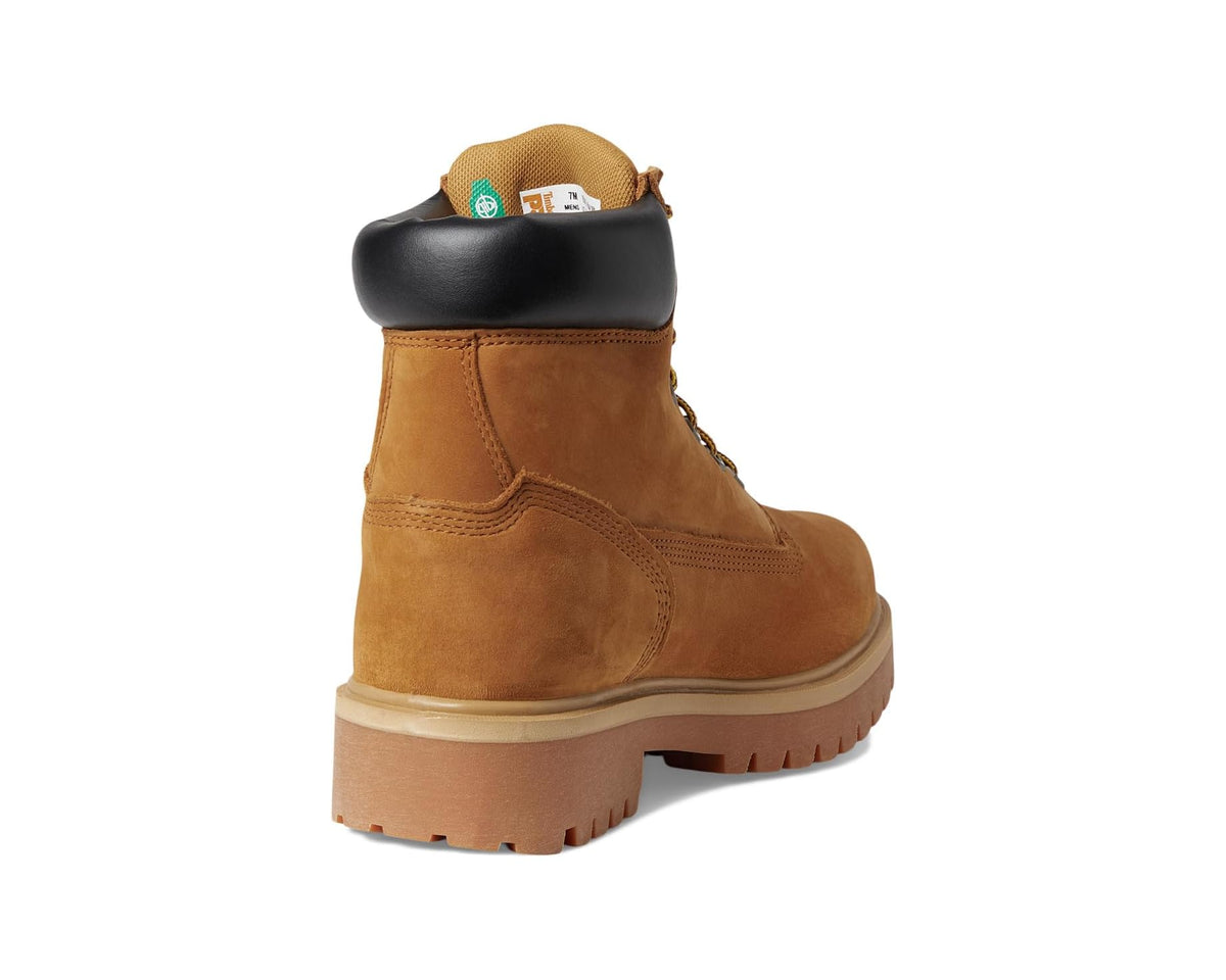 Wheat work boot heel with black collar, pull tab, and chunky tread sole