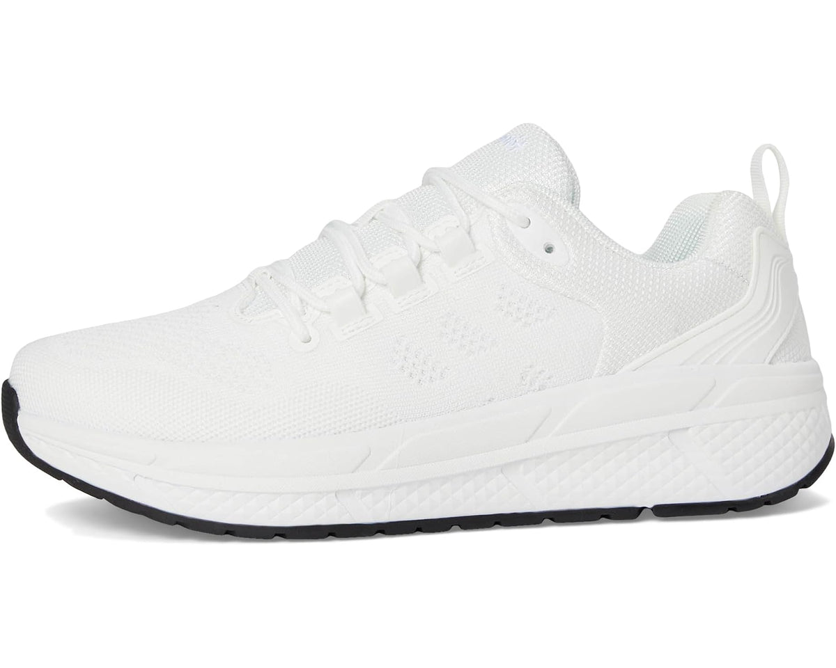 White knit lace-up athletic sneaker with padded collar and dark rubber outsole