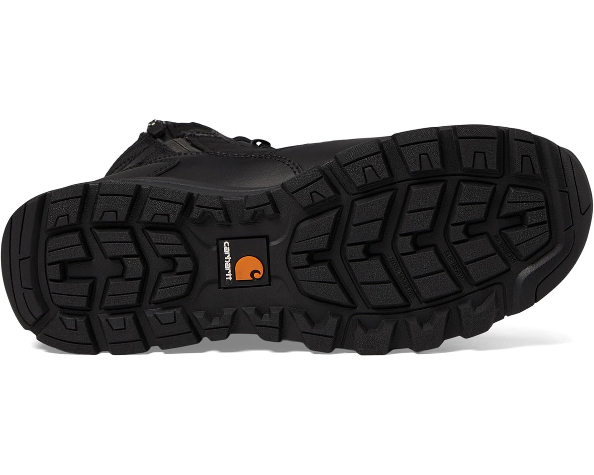 Black boot outsole with deep lug tread and Carhartt logo patch