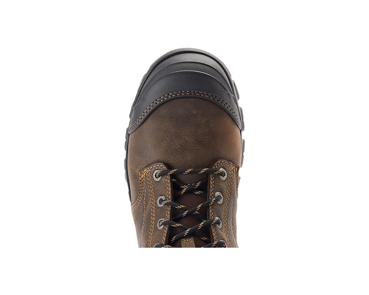 Dark brown lace-up work boot front view with protective toe and black upper panels