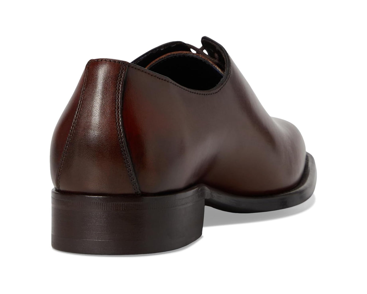 Men's mahogany leather dress shoe heel and back seam detail
