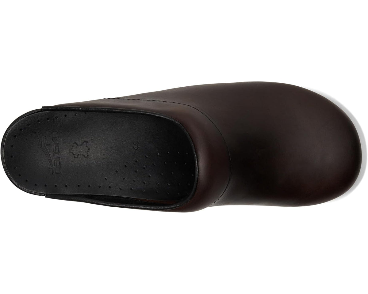 Brown leather clog with perforated black insole and rounded toe opening
