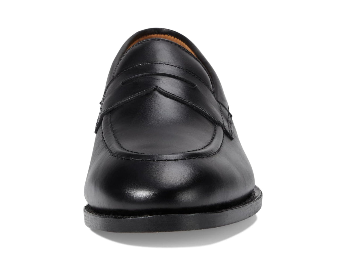 Black leather penny loafer front with strap detailing and smooth toe