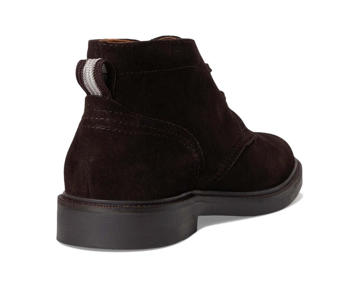 Men's dark brown suede chukka boot back view with pull tab and stacked sole
