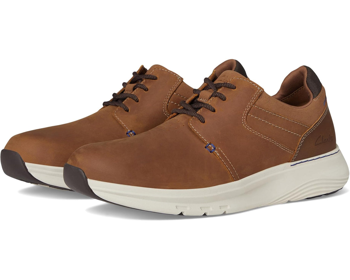 Men's dark tan leather lace-up sneaker, plain toe, padded collar, white rubber outsole