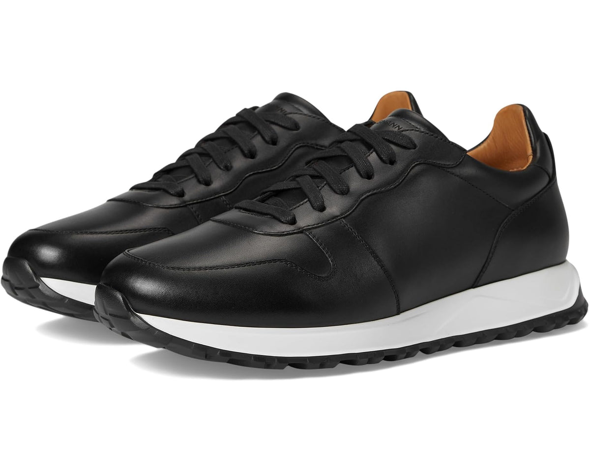 Men's black leather lace-up sneaker with white cushioned sole