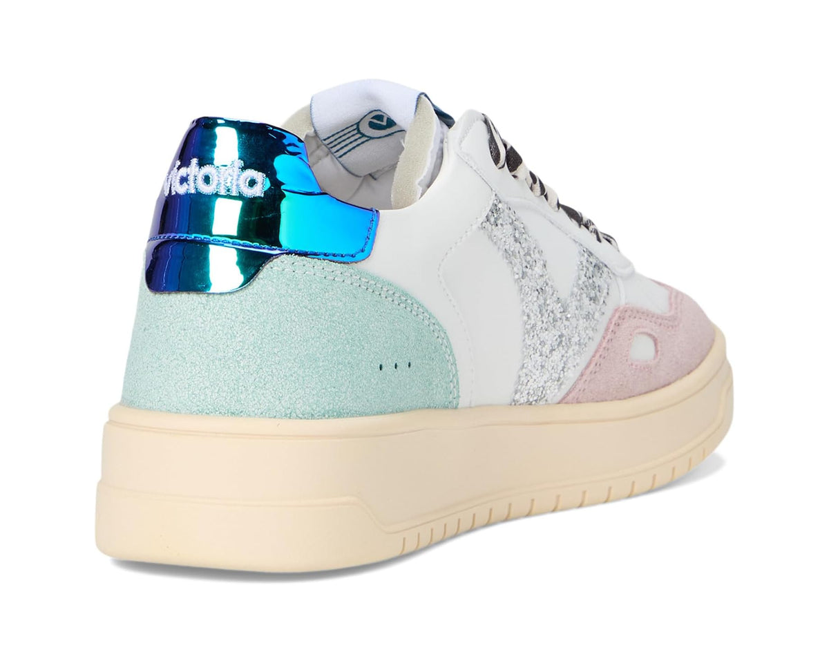 Unisex suede sneakers with metallic blue heel tab and mint suede side panels