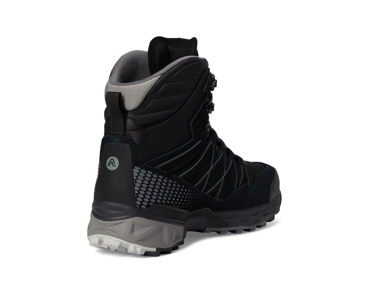 Men's black boot heel and ankle view with padded collar and rugged tread
