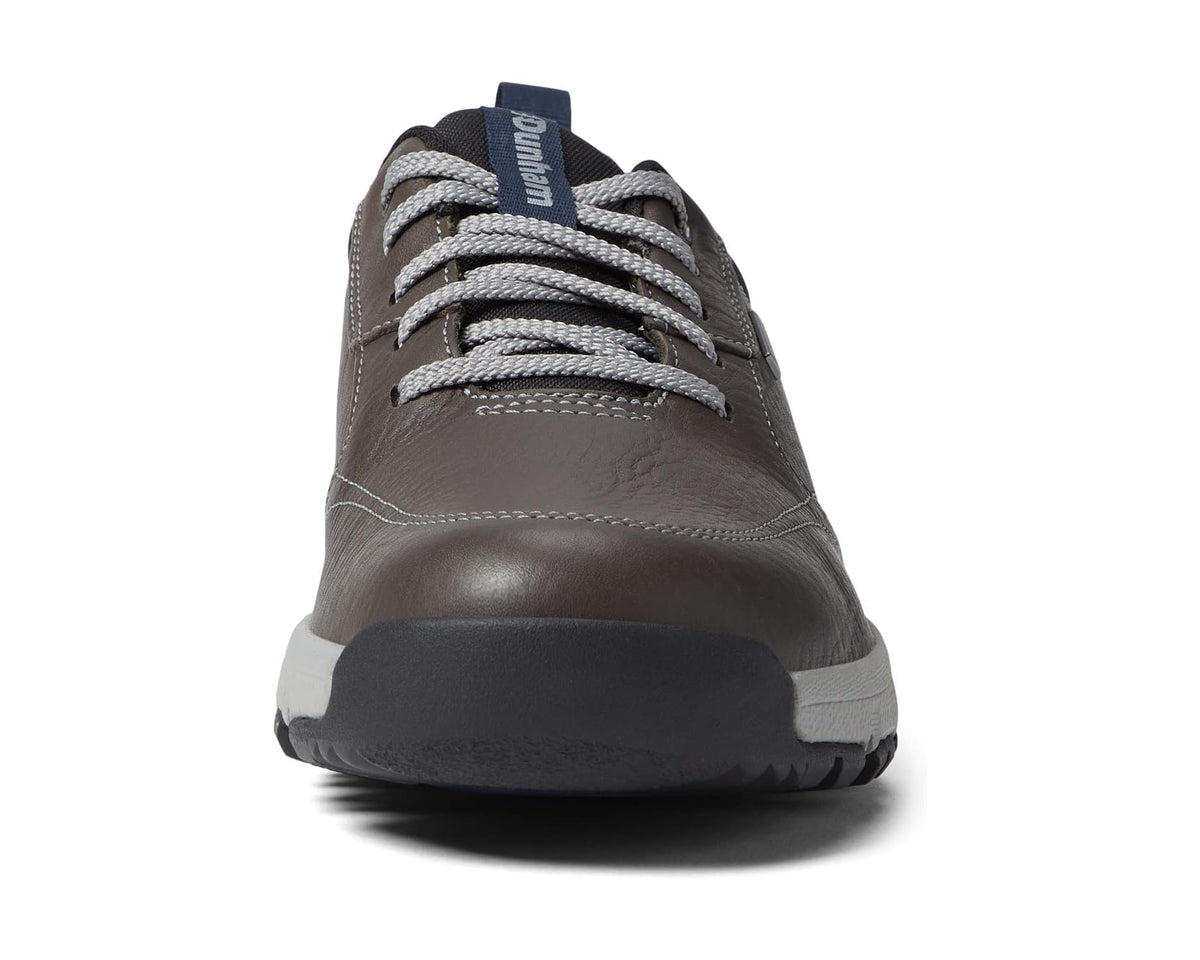 Steel gray lace-up sneaker with round toe, lace panel, and dark rubber toe guard