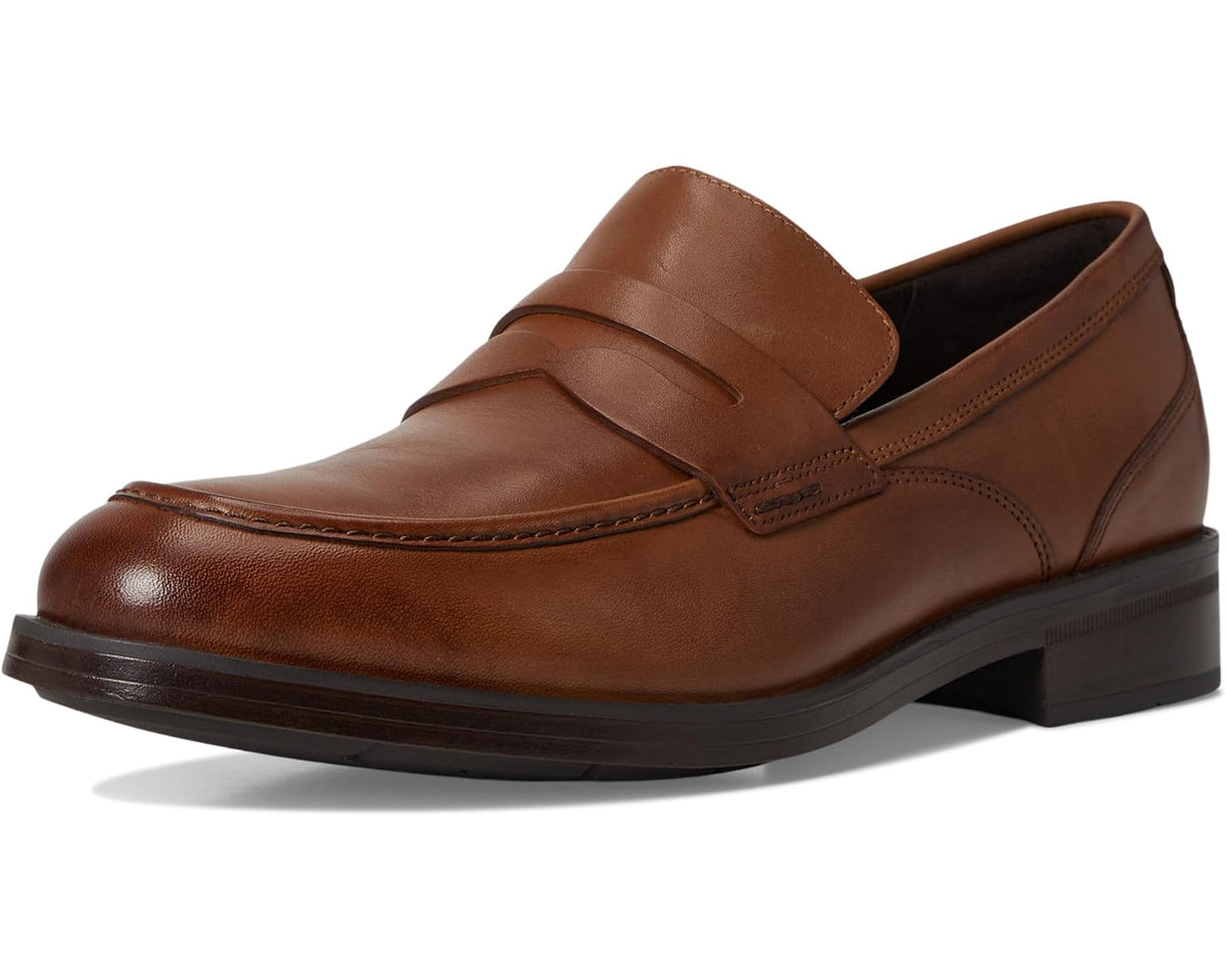 Men's brown leather penny loafers with slip-on penny strap and low heel