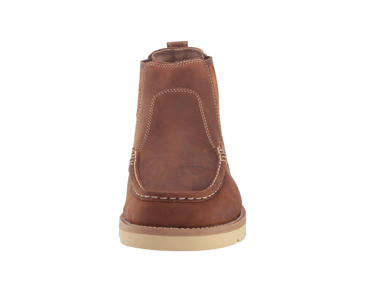 Men's oiled saddle ankle boot heel view with stitched upper and rubber sole