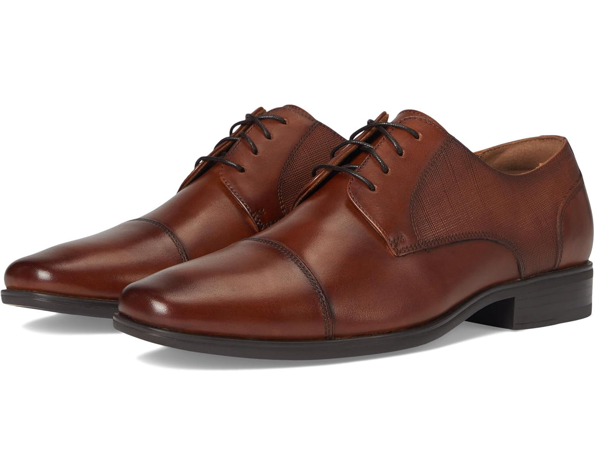 Men's Florsheim cap-toe oxford shoes in cognac leather, lace-up with dark rubber sole
