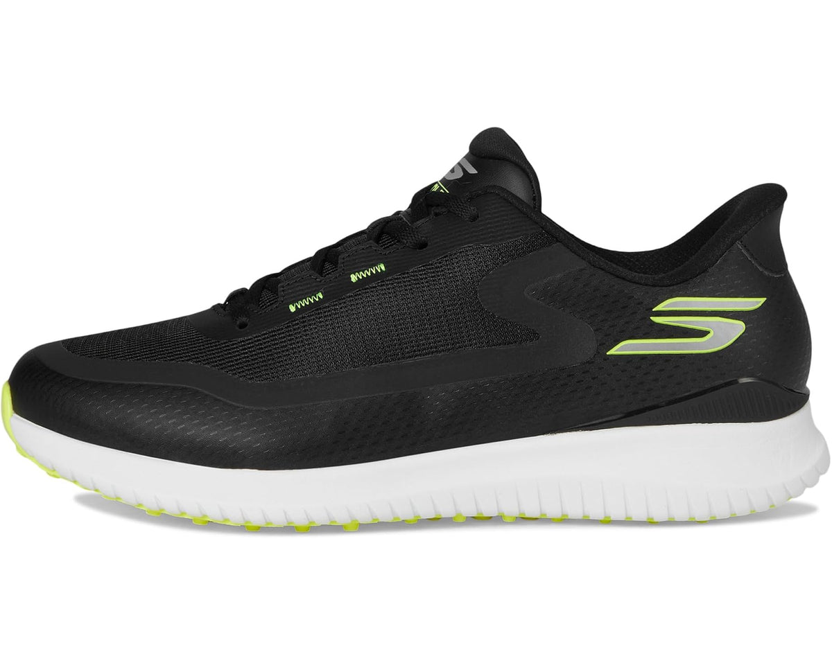 Black Skechers slip-on golf shoe with neon green S logo and white sole