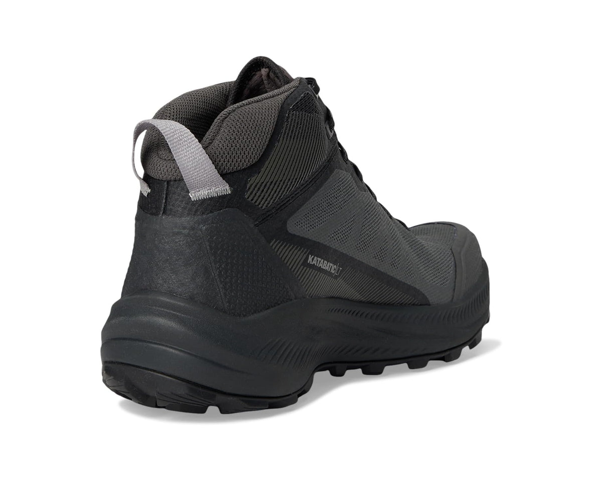 Men's mid hiking boot heel view with cushioned collar and lace-up in charcoal gray