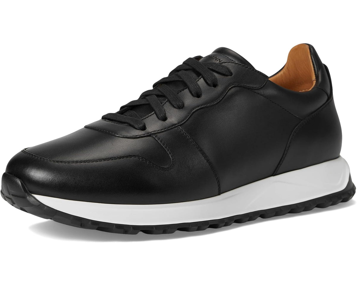 Men's black lace-up sneaker with white sole, front-quarter view
