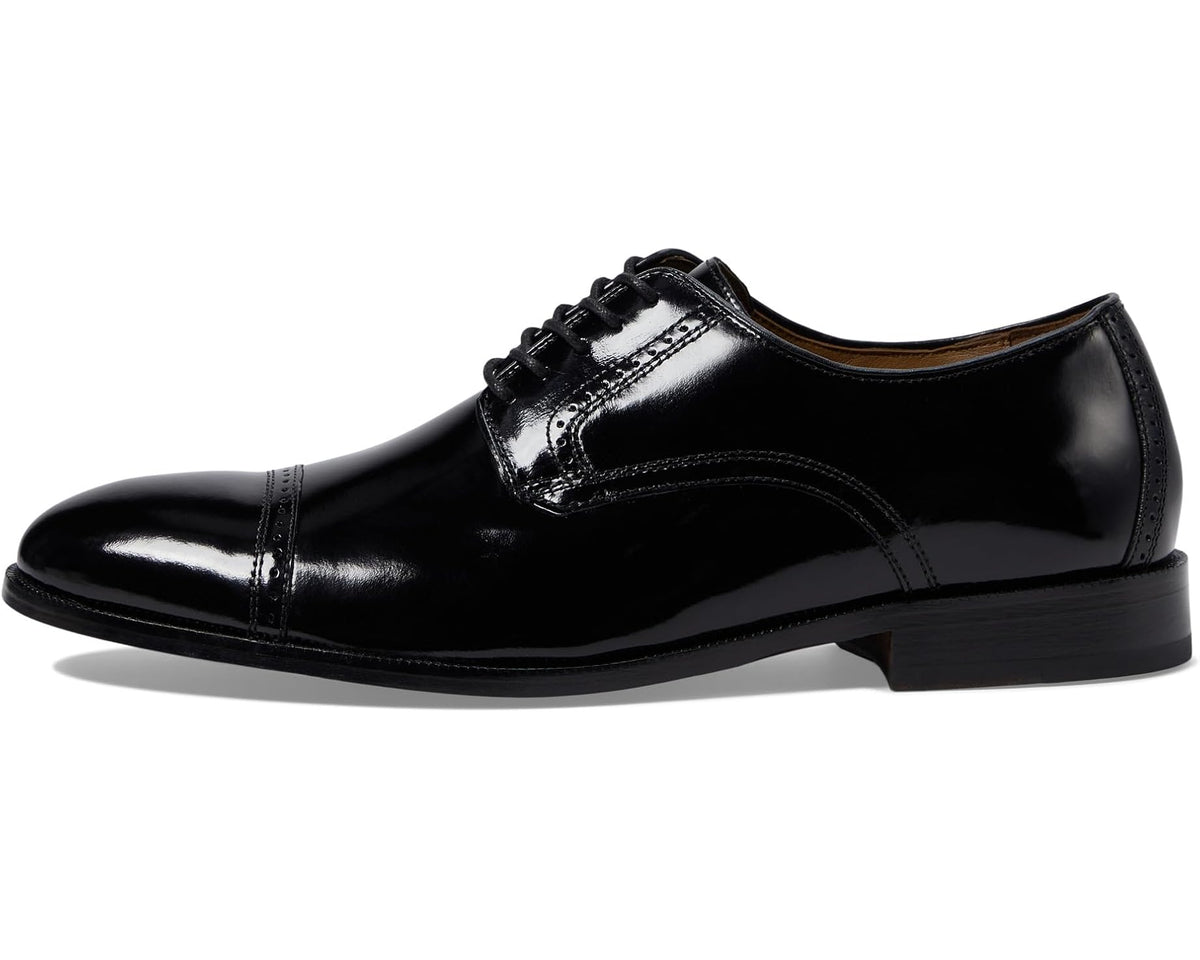 Men's black cap-toe Oxford dress shoe with lace-up closure and stitched overlay details