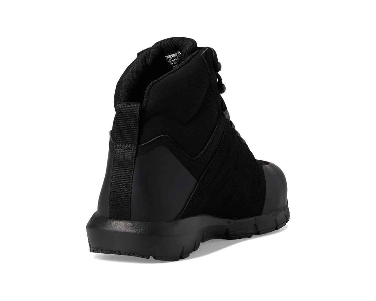 Black mid safety boot heel with padded collar and elastic pull tab