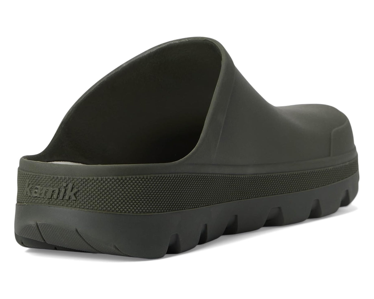 Women's Kamik slip-on clogs, dark olive side band with 'kamik' logo