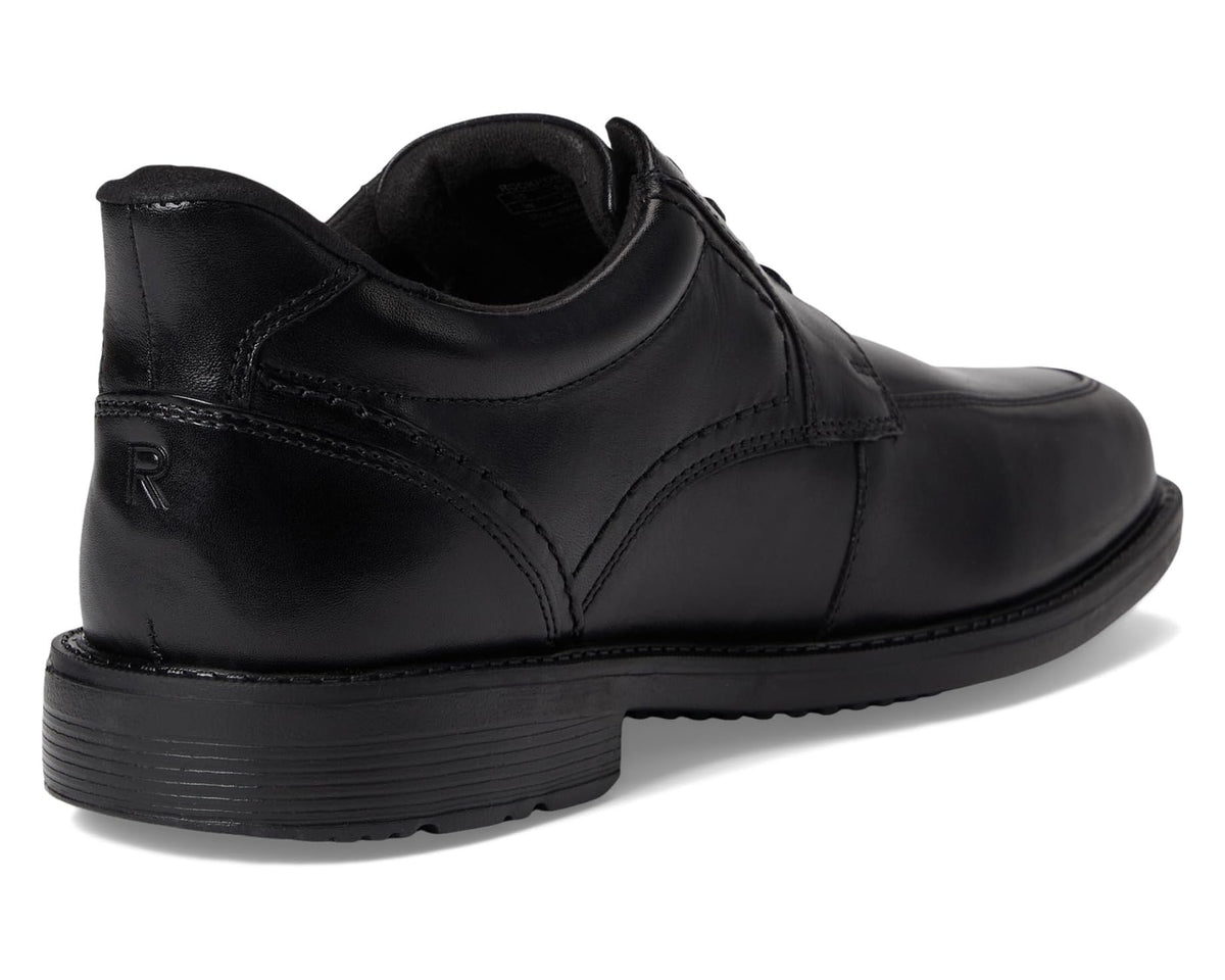 Black leather lace-up shoe heel view with cushioned collar and side stitching