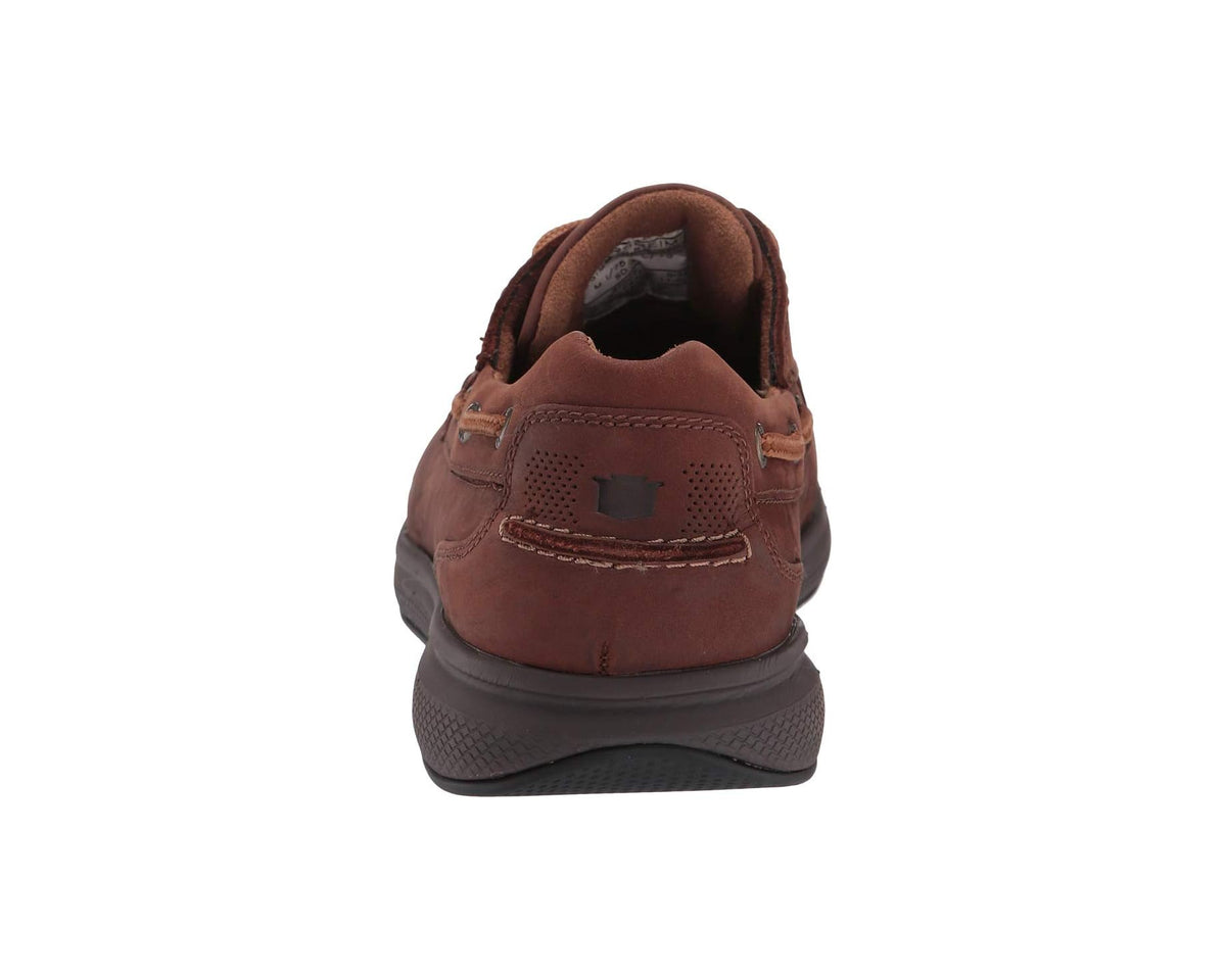 Men's Florsheim work shoe, brown heel view with cushioned collar and lace closure