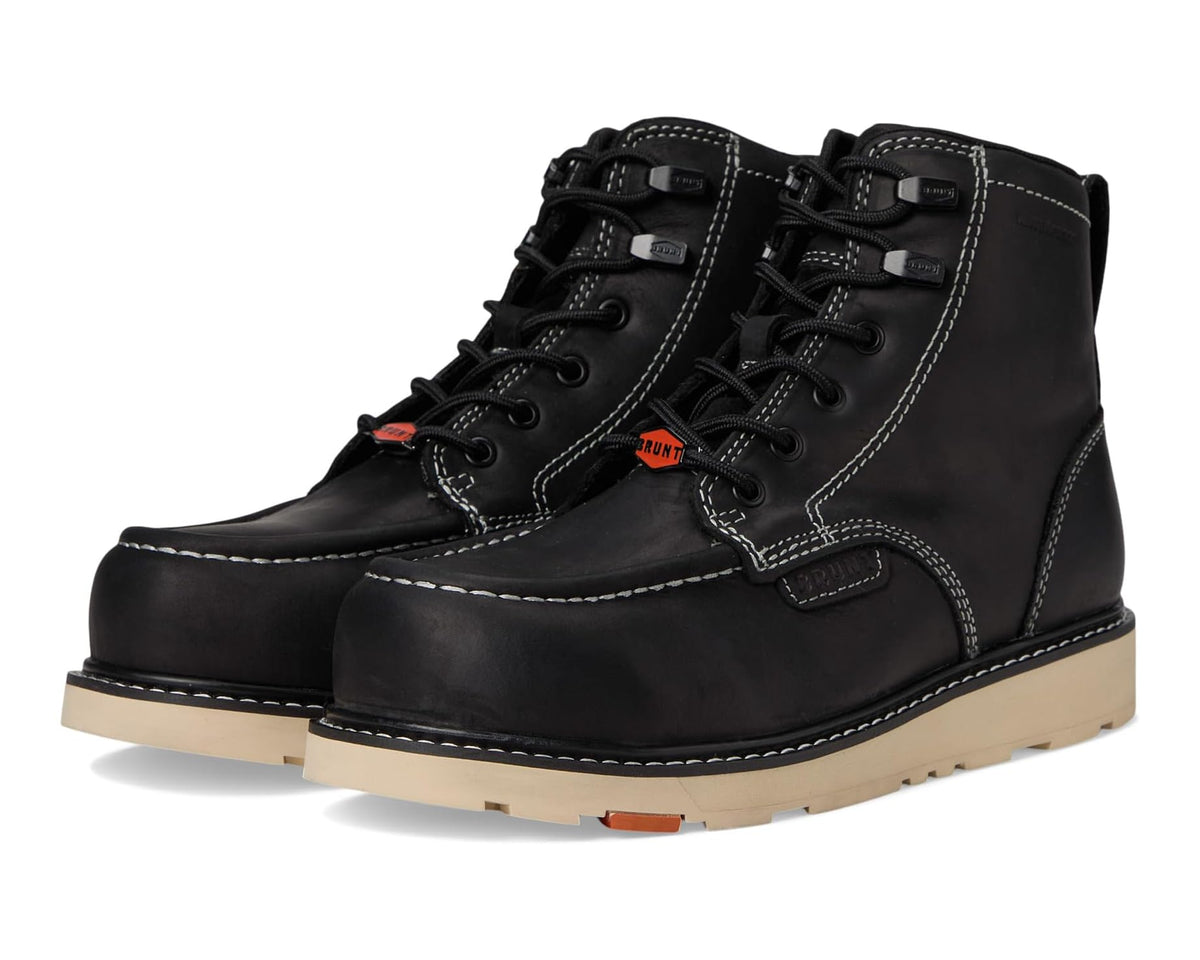 Black lace-up comp-toe work boots with padded collar and tan rubber sole