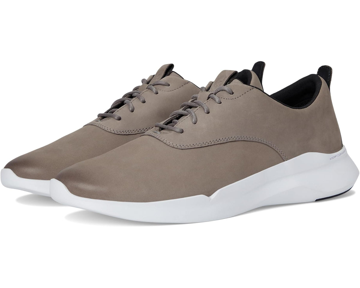 Men's grey nubuck low-top sneakers with lace-up front and white rubber sole
