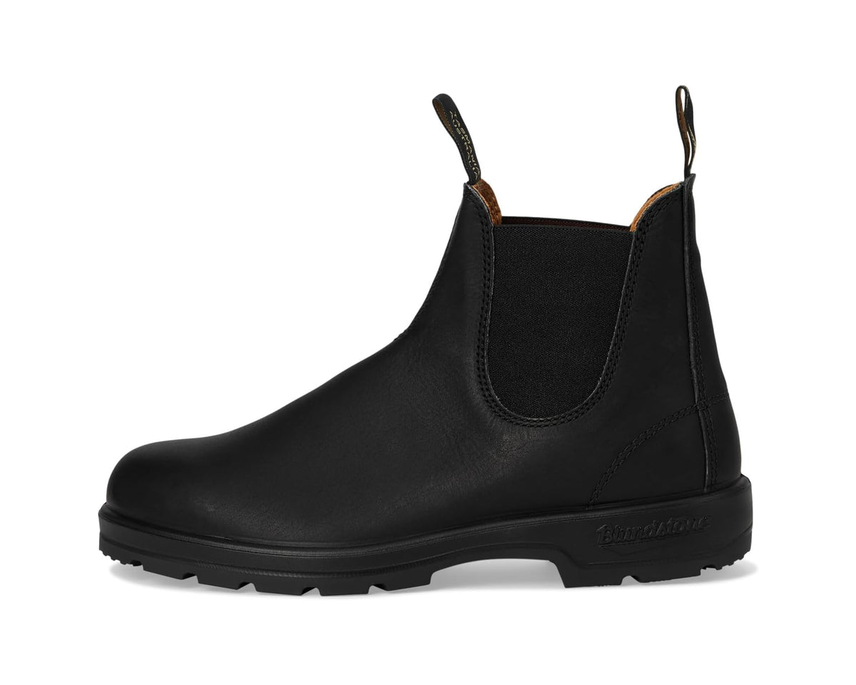Black Chelsea boot with pull-on tabs, elastic gore, and cushioned sole
