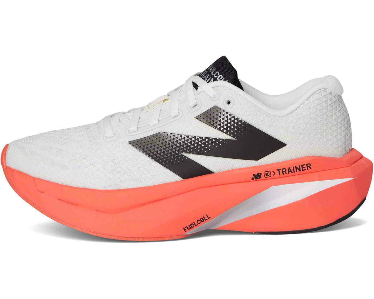 New Balance FuelCell trainer shoe, white upper with black side panel and orange midsole