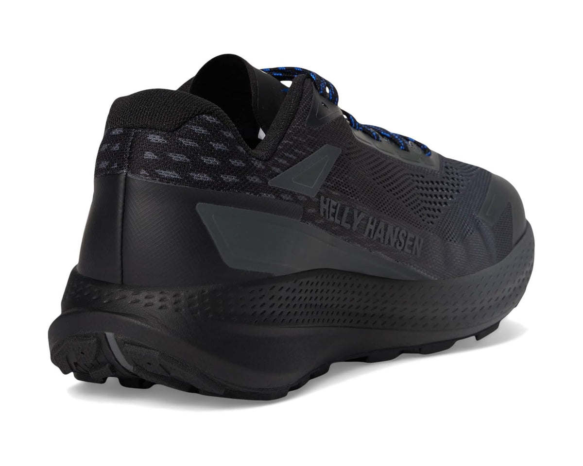 Black trail running shoe heel with Helly Hansen branding and blue laces