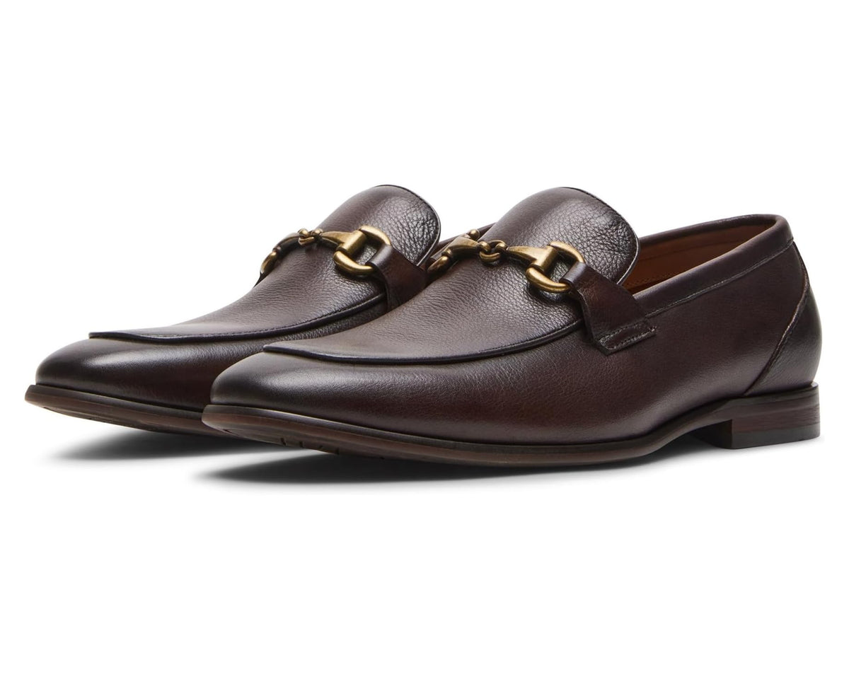 Brown leather men's loafer with gold-tone horsebit detail and low heel
