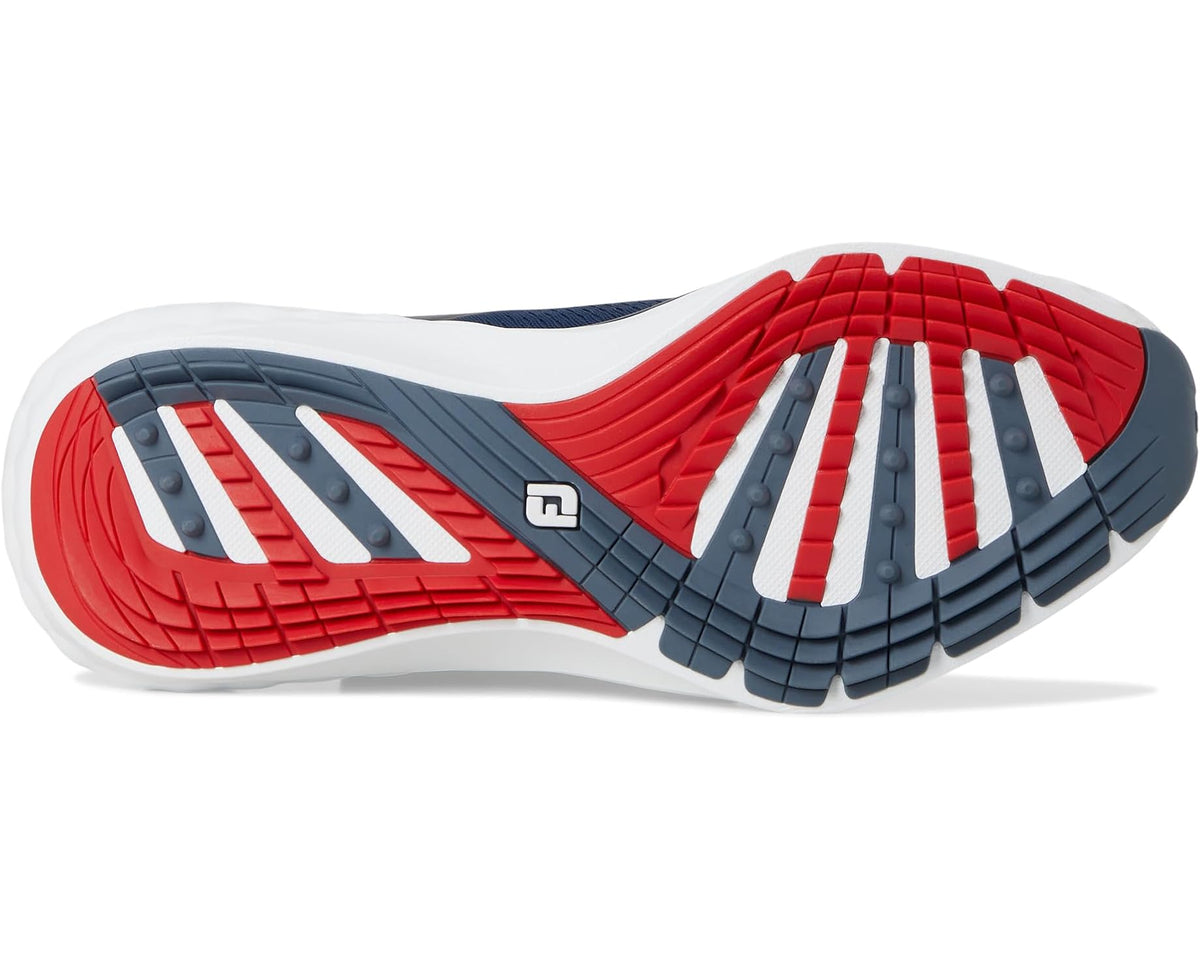 Women's FootJoy athletic sneaker outsole view with red and navy tread and white midsole