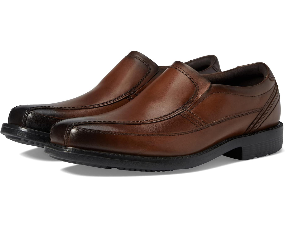 Men's tan-brown leather slip-on loafer with stitched moc toe and rubber sole