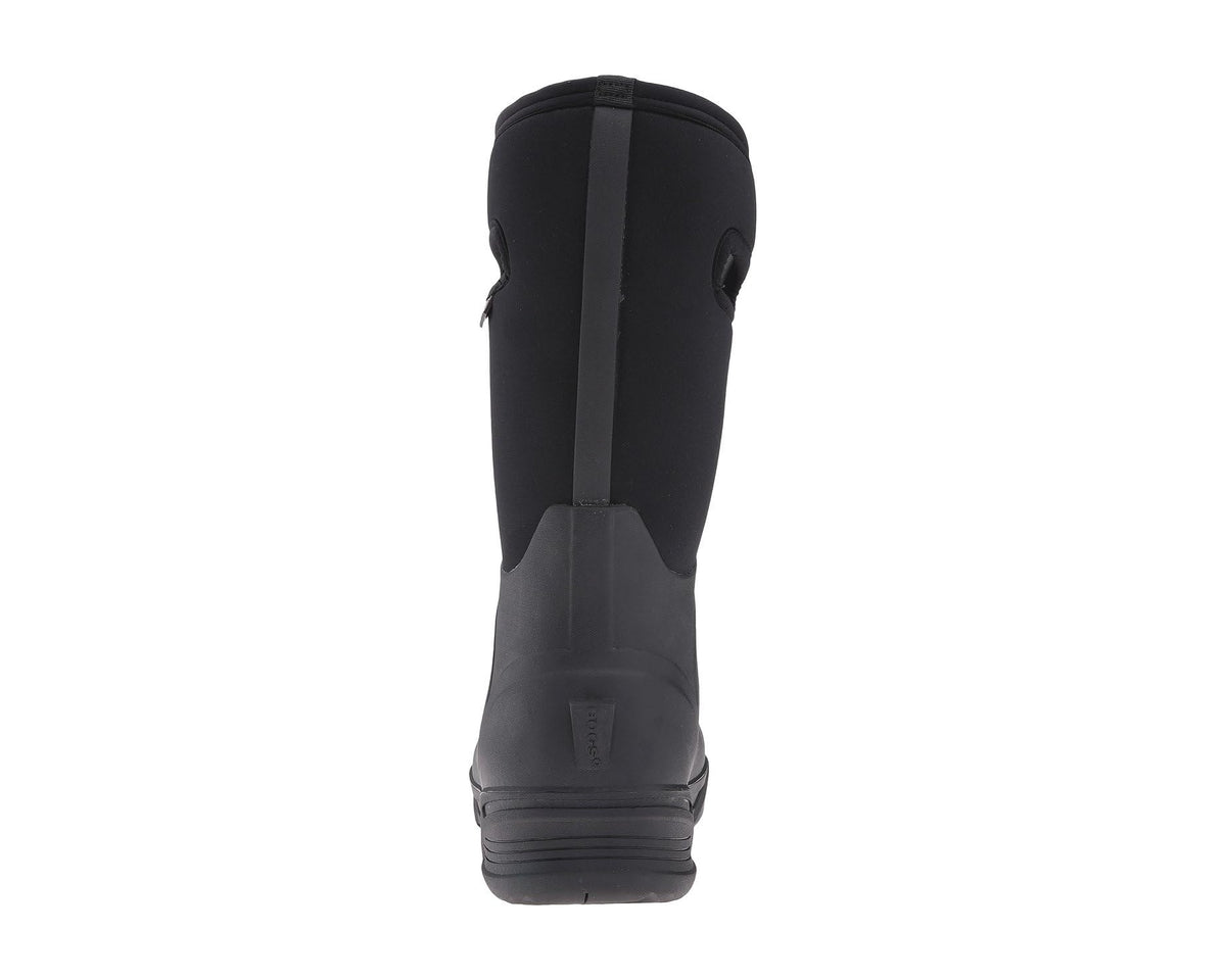 Black tall boot back view with vertical seam and reinforced heel