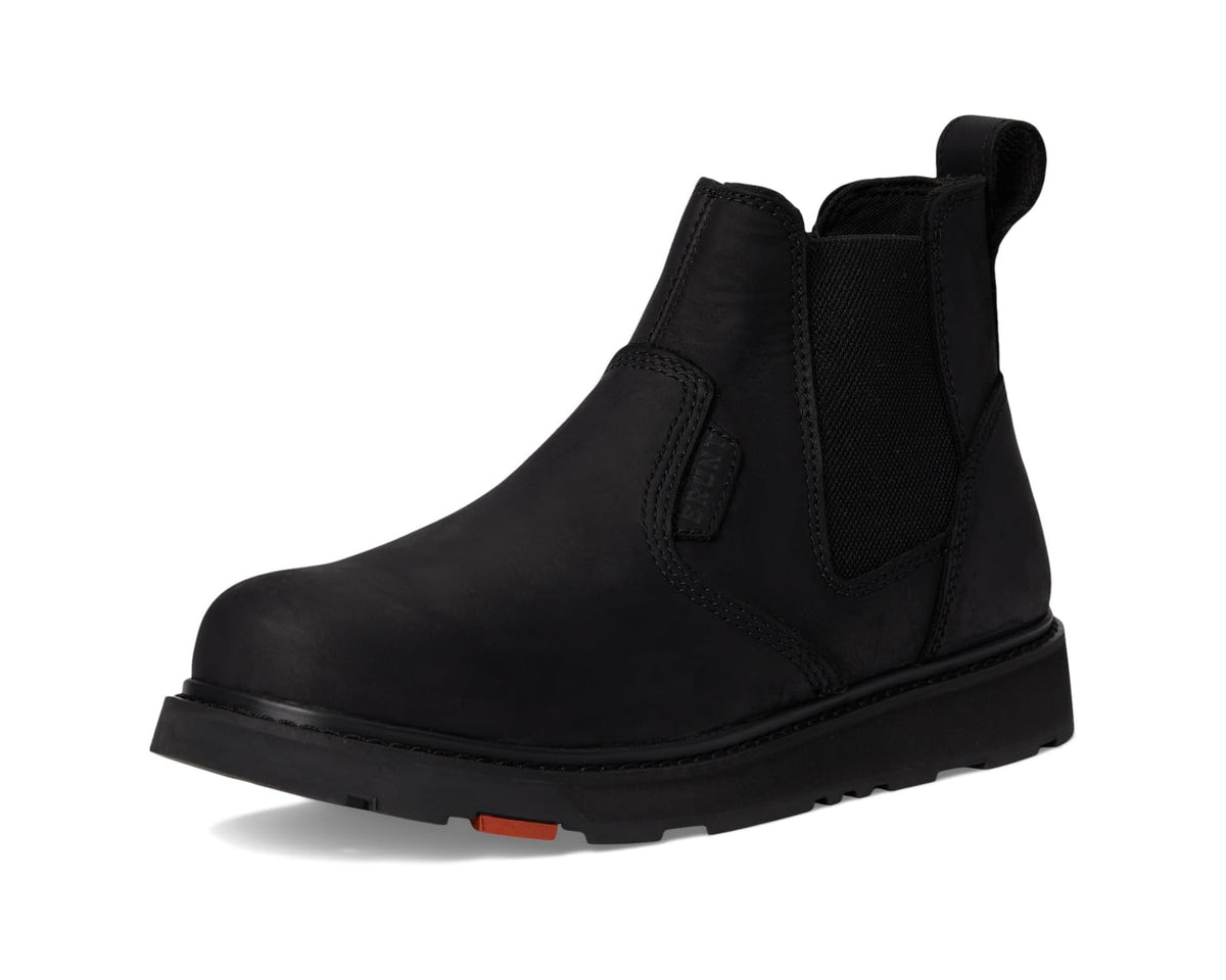 Black BRUNT Ohman soft-toe chelsea boot side view with dual elastic panels and collar