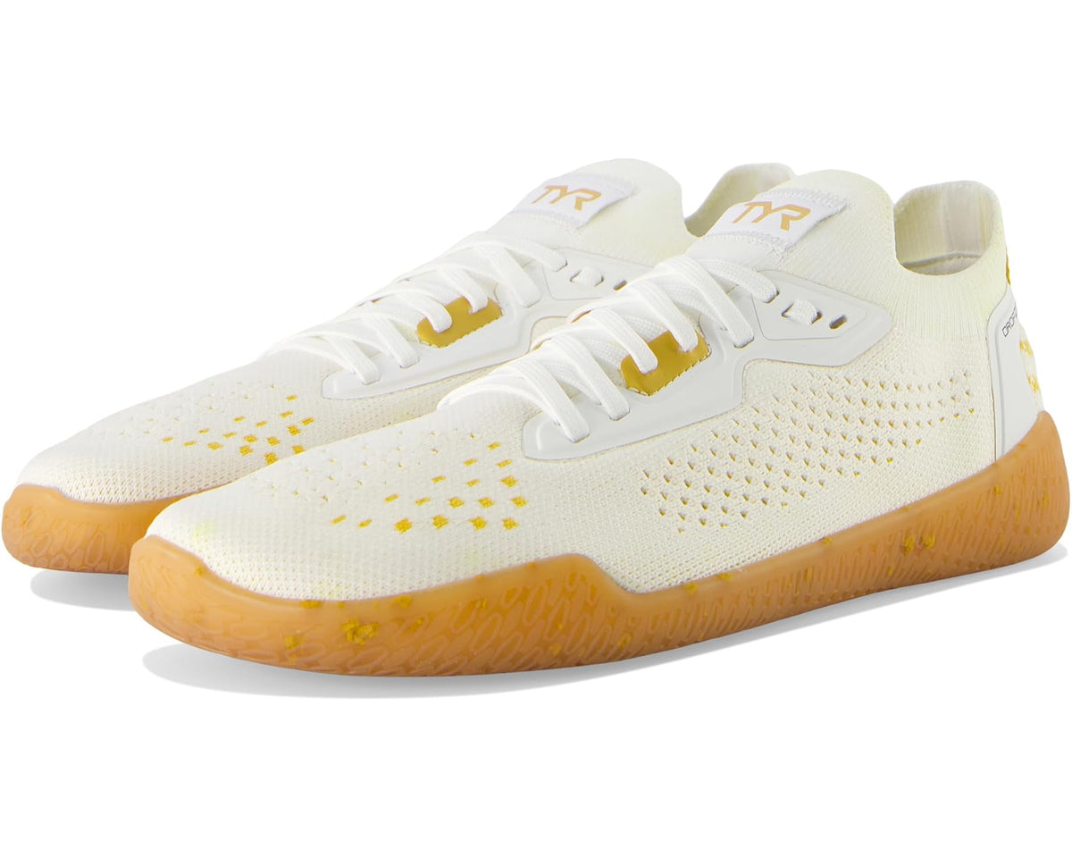 Men's TYR Dropzero lace-up sneakers in white knit with gold accents and rubber sole