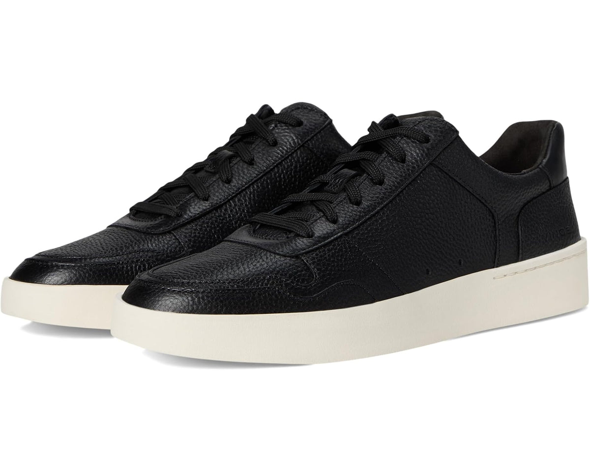 Men's black leather low-top sneakers with lace-up front and white rubber sole