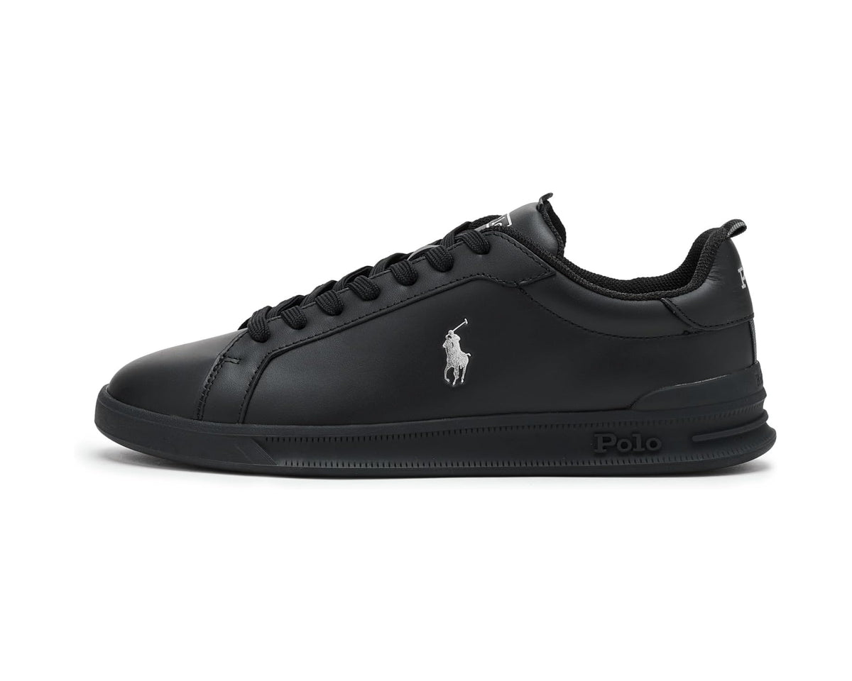 Black leather low-top sneaker with white Polo horse logo and lace-up