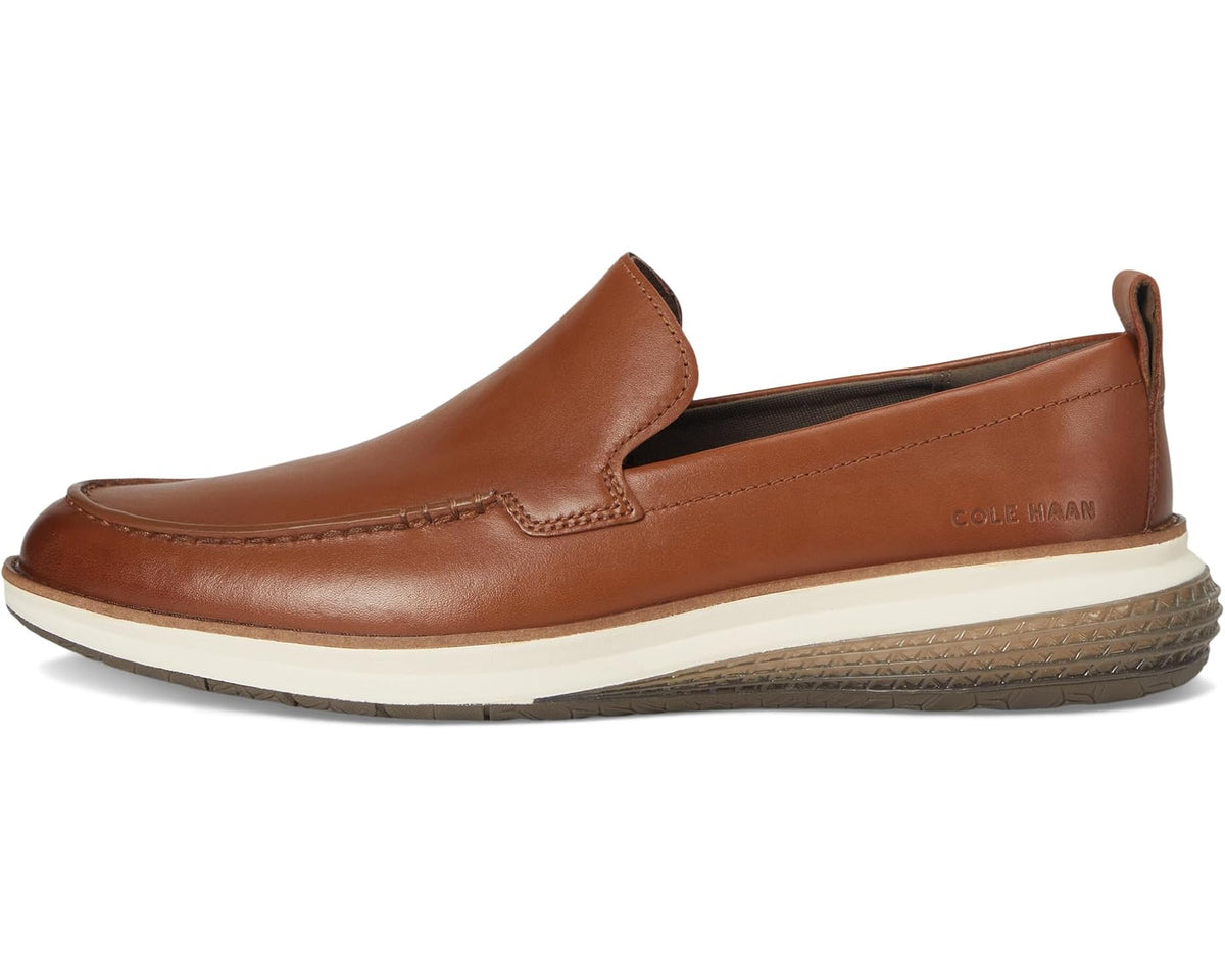 Men's brown leather slip-on loafer with stitched apron and heel pull tab