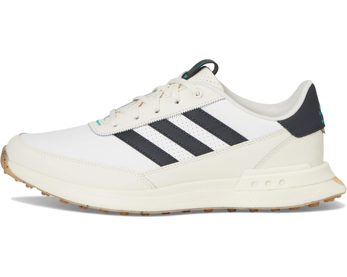 Men's adidas spikeless golf shoe in white leather with black 3-Stripes and teal heel