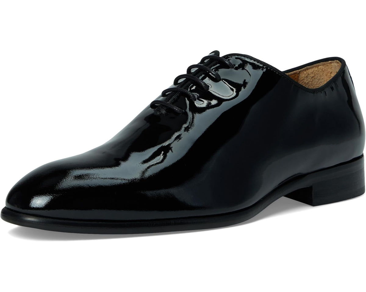 Black patent leather lace-up dress shoe with glossy finish and rounded toe